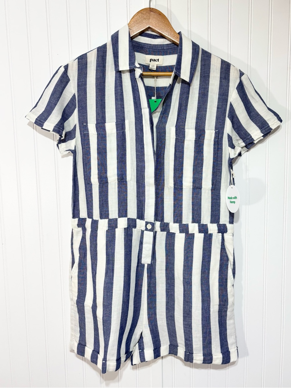 PACT The Harbour Organic Cotton Hemp Blue Stripe Romper Shorts NWT Small - Picture 2 of 14